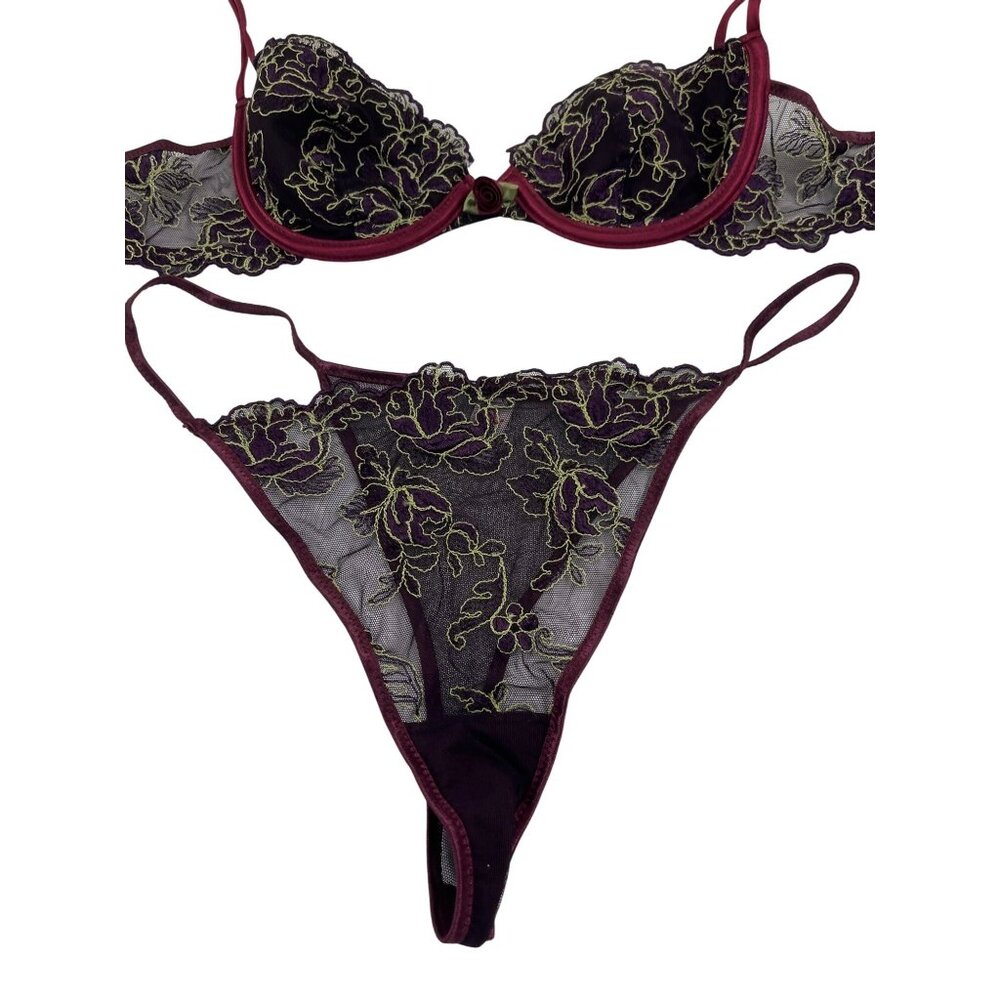 Sheer Purple Embroidered Lingerie Set W/ Underwire Bra & Matching Thong Size 34B